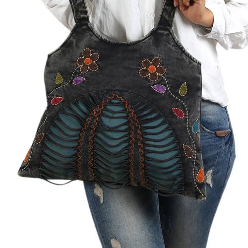 Black Hobo Shoulder Handbag with Floral and Razor Cut Design