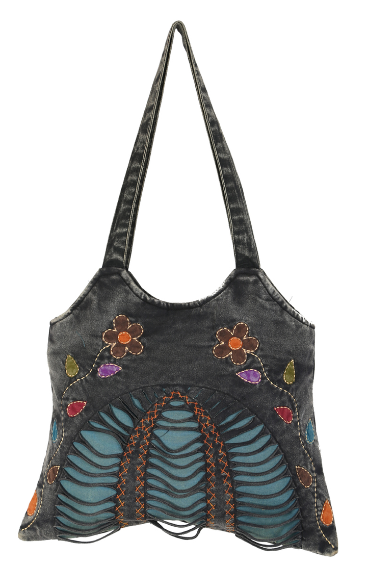 Black Hobo Shoulder Handbag with Floral and Razor Cut Design